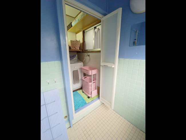 入口を折戸へと交換した浴室（浴室内からの写真・開けた状態）