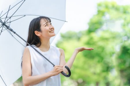 傘をさす笑顔の女性