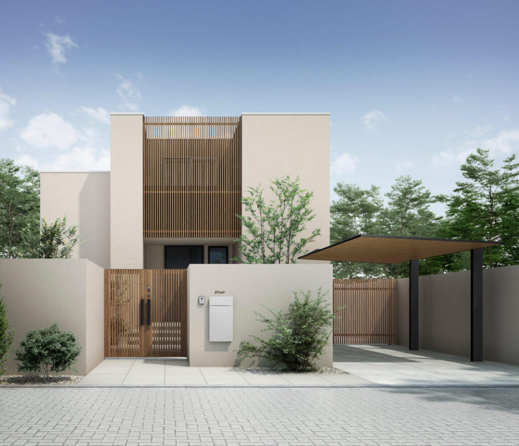 建物の外観と色やでデザインを統一させた門扉